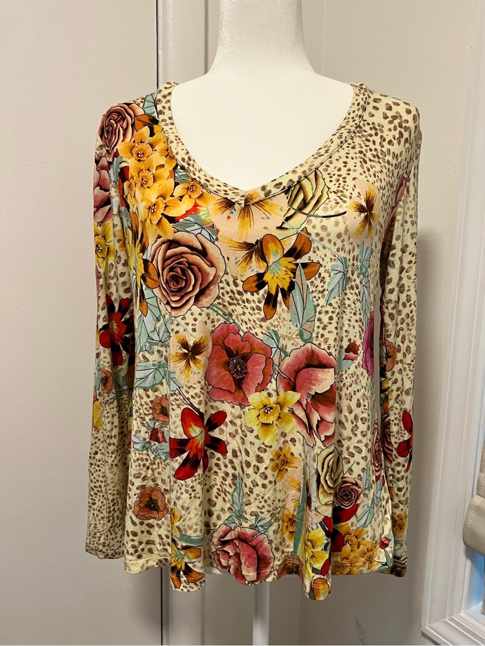 Johnny Was Los Angeles Floral Leopard Print Long Sleeve Top XS Boho